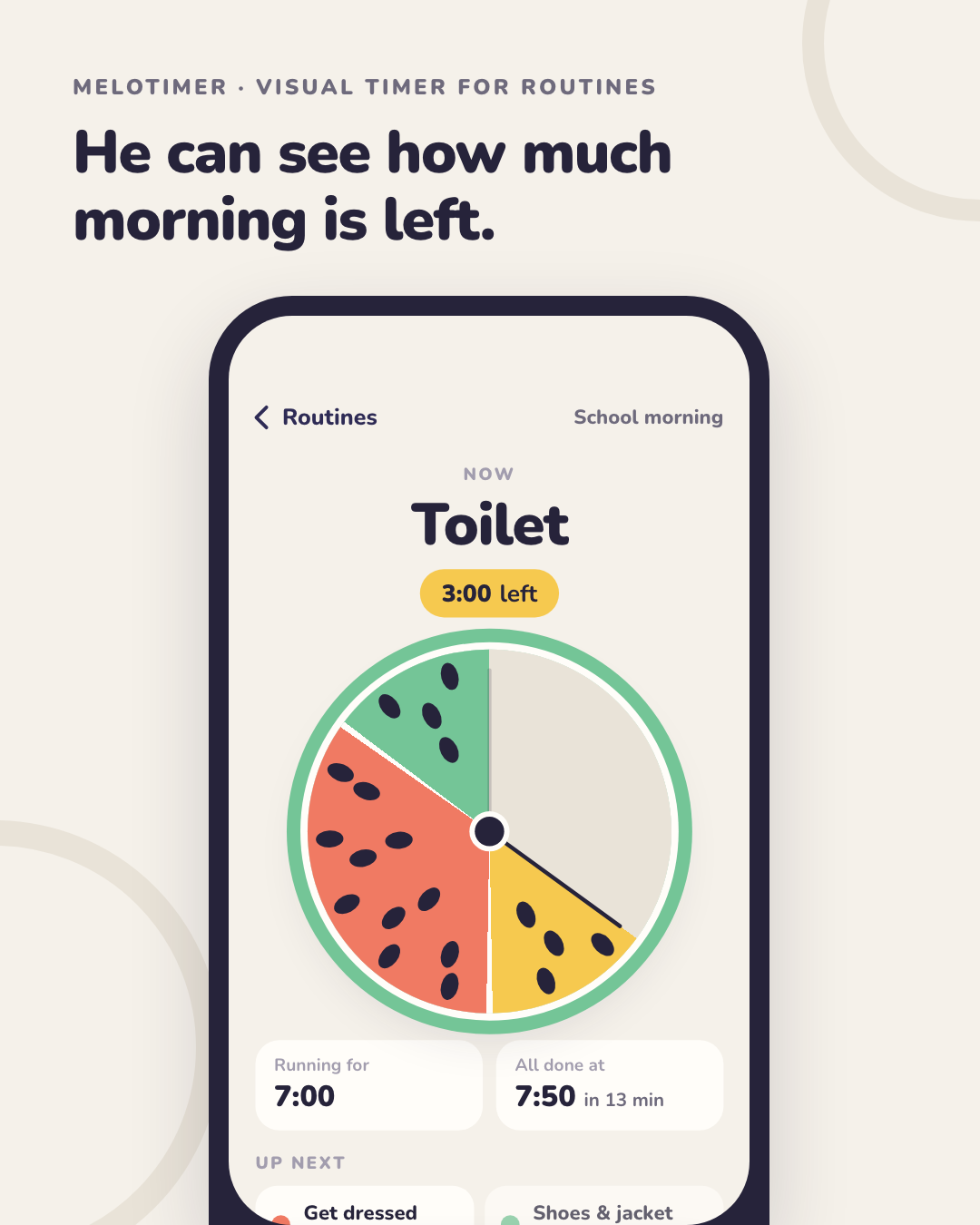 MeloTimer running a School morning routine. The step now is Toilet, with 3:00 left. The circle is split into coloured slices, one per step; the part already gone is a pale grey, and the yellow slice for Toilet is shrinking.